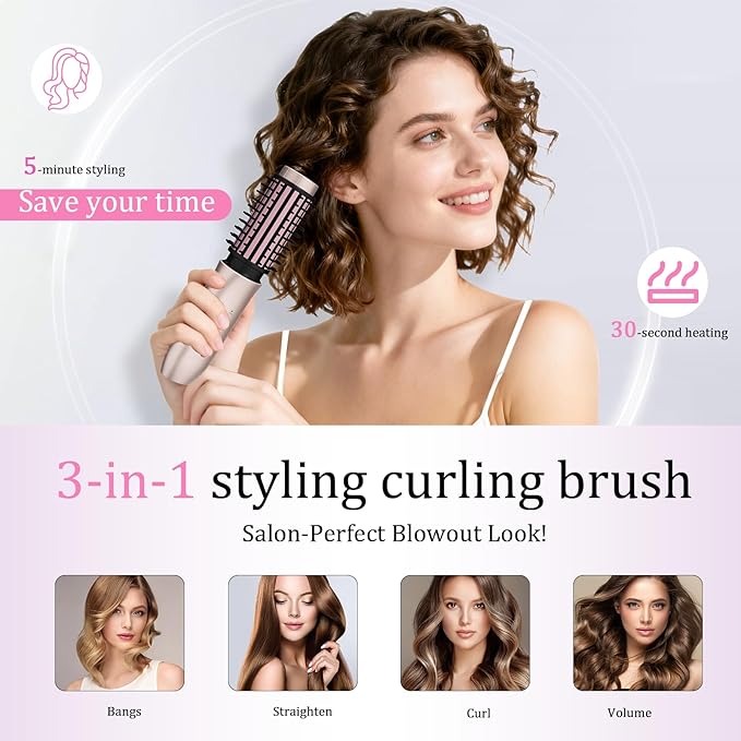 Cordless Hair Curling Iron Brush, Travel Curl Brush, 3-in-1 Portable Curling Iron Cordless, Plasma Thermal Hair Brush, 7000mAh USB Rechargeable Curlings Wand, Mini Hot Curlings Brush-Blush Pink