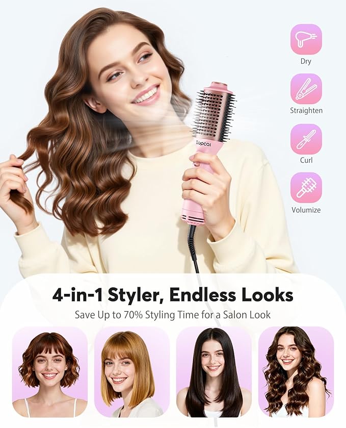 Dual Voltage Travel Blow Dryer Brush, Mini Hair Dryer Brush with Auto 100–240V, EU/UK Plug Ready, 4-in-1 Compact Hot Air Brush Lightweight, Ionic for Smooth & Voluminous Hair Anywhere