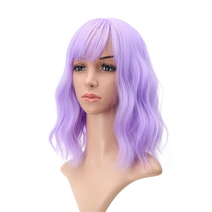 FAELBATY Short Wavy Purple Wigs With Air Bangs Shoulder Length Wig For Women Girls Curly Wavy Synthetic Halloween Cosplay Costume Wigs (12" Purple)