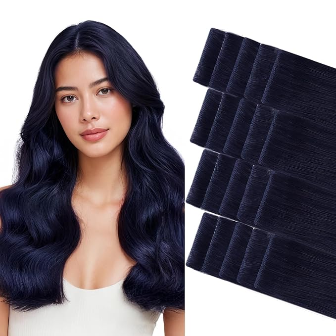 GOO GOO Invisi Edge Tape in Hair Extensions Human Hair, 1G Midnight Black, 20pcs 18inch 50g, Virgin Remy Hair, Seamless Injected Tape, Natural Look