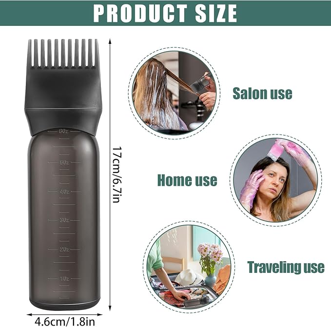 Pimoys Root Comb Applicator Bottle 6 Ounce, Oil Applicator for Hair Dye, Hair Oiling Bottle Brush with Graduated Scale, Black