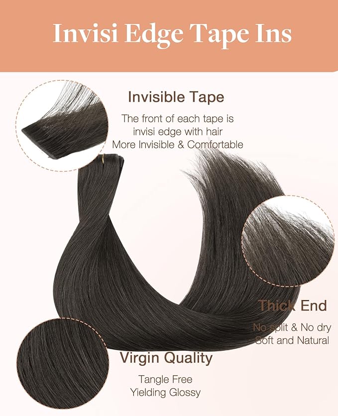 GOO GOO Invisi Edge Tape in Hair Extensions Human Hair, 1C Mocha Brown 20pcs injected with 20pcs classical tape ins, 22inch 100g, Virgin Remy Hair, Natural Look