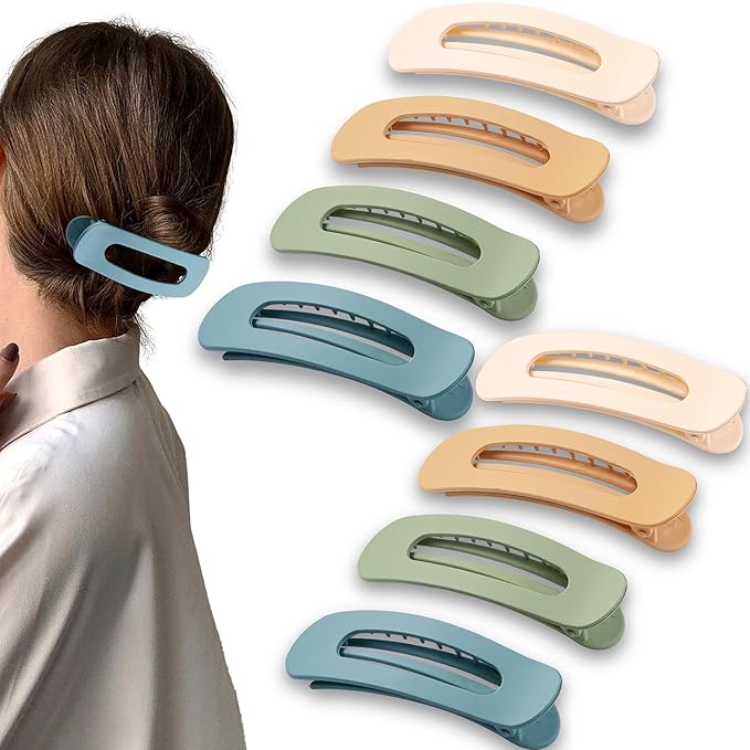 8 Pcs Large Lay Flat Claw Clips for Women French Side Slide Barrettes for Thin Fine Hair Rectangle Alligator Hair Accessories,Matte Beige Orange Blue Green