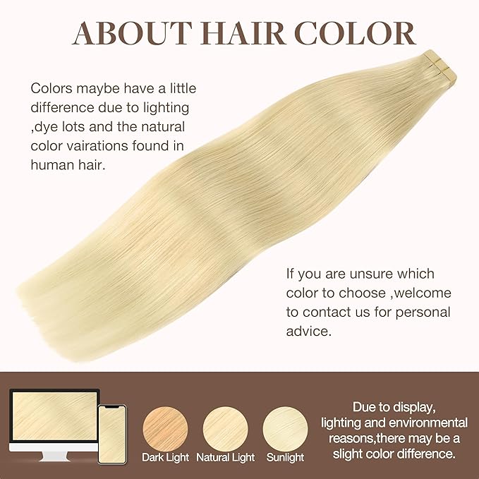 GOO GOO Tape in Hair Extensions Human Hair, 613R Bleach Blonde, 24inch 50g 20pcs, Skin Weft Seamless Invisible, Silky Straight with Thick Ends, Remy Human Hair