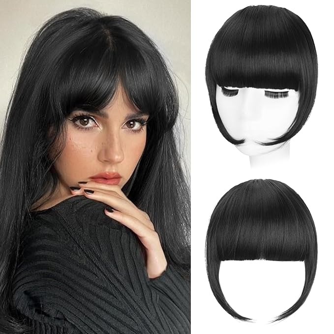 Clip in Bangs, Synthetic French Bangs Hair Clip, Dark Black Fake Bangs Fringe with Temples Hairpieces for Women Natural Curved Hair Extensions for Daily Wear
