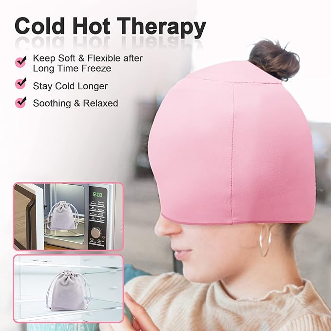 Migraine Relief Cap with Gel Top Coverage, Headache Relief Hat for Migraine Sinus Tension Stress Pain Relief, Migraine Ice Head Wrap Ice Gel Packs Hot Cold Therapy Headache Relief Cap