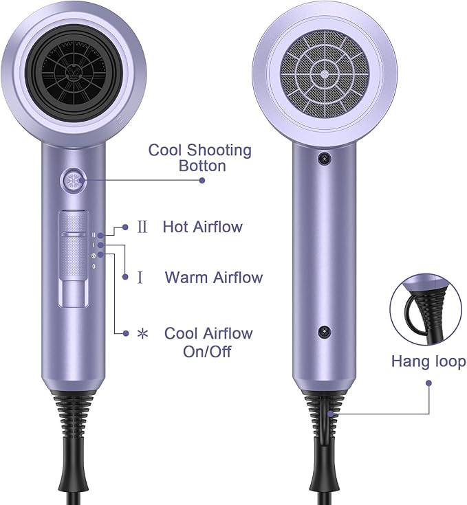 slopehill Professional Ionic Hair Dryer, Powerful 1800W Fast Drying Low Noise Blow Dryer with 2 Concentrator Nozzle 1 Diffuser Attachments for Home Salon Travel (Lavender)
