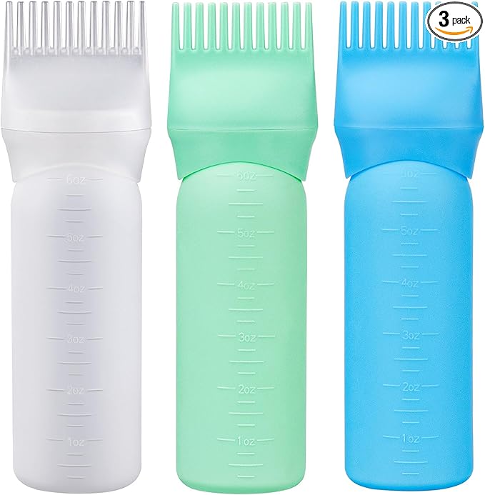 Cosywell Root Comb Applicator Bottle 6 Ounce 3 Pack Hair Oiling Bottle Hair Dye Applicator Brush for Hair Root Comb Color with Graduated Scale(White Blue Green)