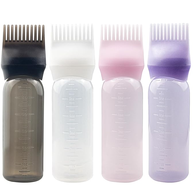 4 PCS Root Comb Applicator Bottle,Hair Oiling Applicator,Hair Oil Applicator Bottle for Hair Dye Shampoos Hair Salons.6oz (black+white+pink+purple)