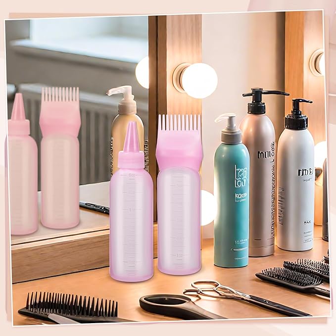 Pimoys Hair Oil Applicator Bottles Dye Brush for Women Scalp, Hair Color Products Things with Root Comb, Pink 2 Pack