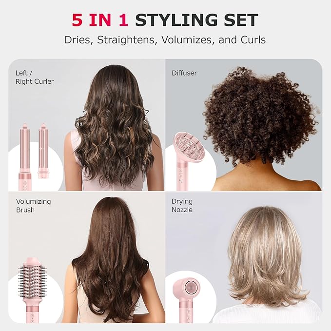 5 in 1 High-Speed Hot Air Styler - Professional Frizz-Free Hair Dryer Brush, Fast Drying Hair Dryer with Diffuser, No Heat Damage Air Styler Wrap - Curl, Volumize Gift for Women