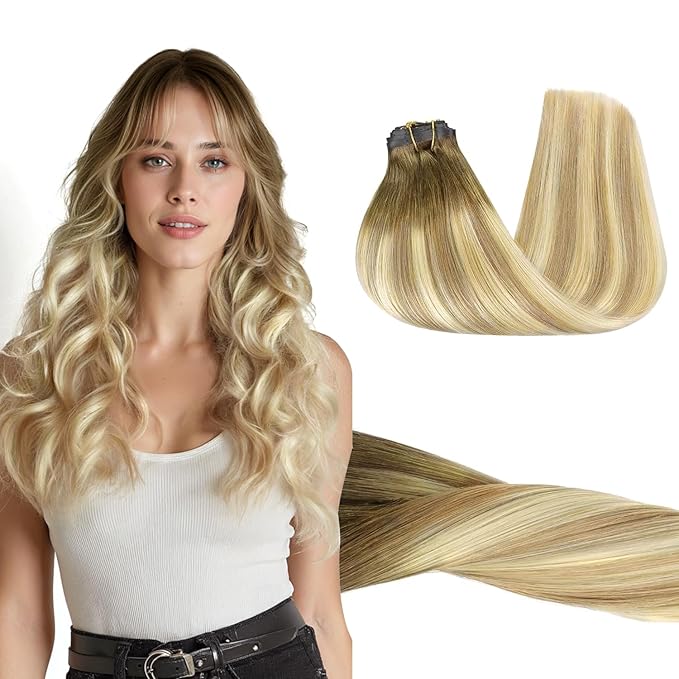 GOO GOO Clip in Hair Extensions Real Human Hair, Remy Human Hair Extensions Clip ins for Women, Natural Human Hair, 20inch 110g 7Pcs, 5A/90/16F Bahamian Balayage