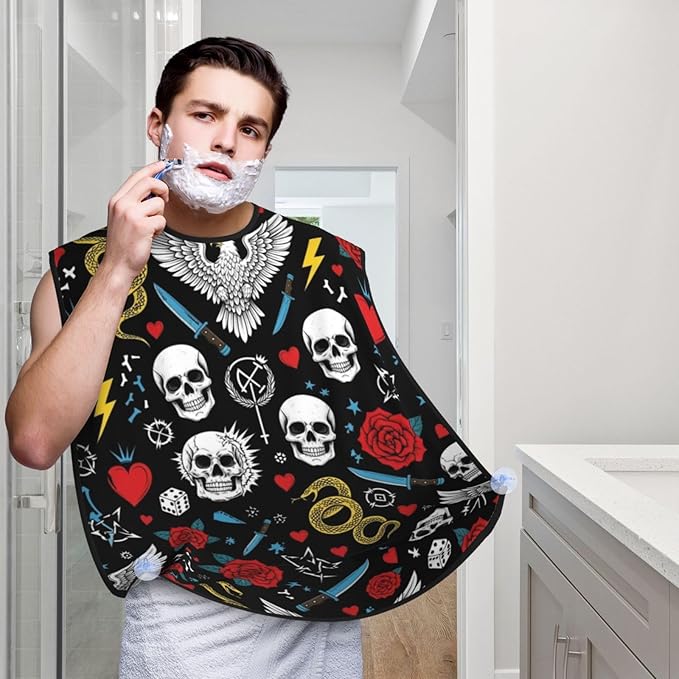 Beard Hair Catcher for Men, Waterproof Shaving Bib Apron Non-Stick, Trimming Tool for Dad Husband, Cool Rock Wild Eagle Red Rose Skull Floral Shave Bib