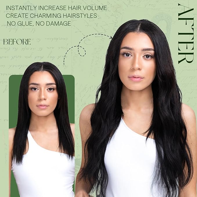 RUNATURE Clip in Hair Extensions Black Human Hair, Natural Black Human Hair Clip in Extensions, Long Hair Extensions Clip Ins, Full Head Brazilian Remy Hair, 24 Inch 135g 7pcs #1B