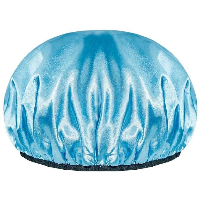 Aquior Shower Cap,Extra Large Triple Layer Bathing Cap with Dry Hair Function for Women Microfiber Terry Cloth Silky Satin 100% Waterproof Reusable Long Hair Bath Caps (Blue)