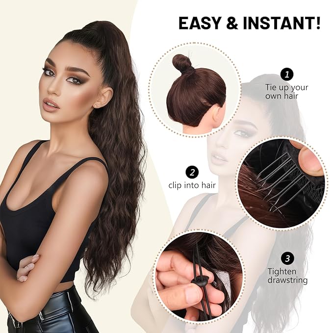LEEONS 26 inch Drawstring ponytail Extension, Long Wavy pony tails hair extensions for Women - Synthetic Hairpiece Ponytail for Daily Use (Omber Black to Dark Pink)
