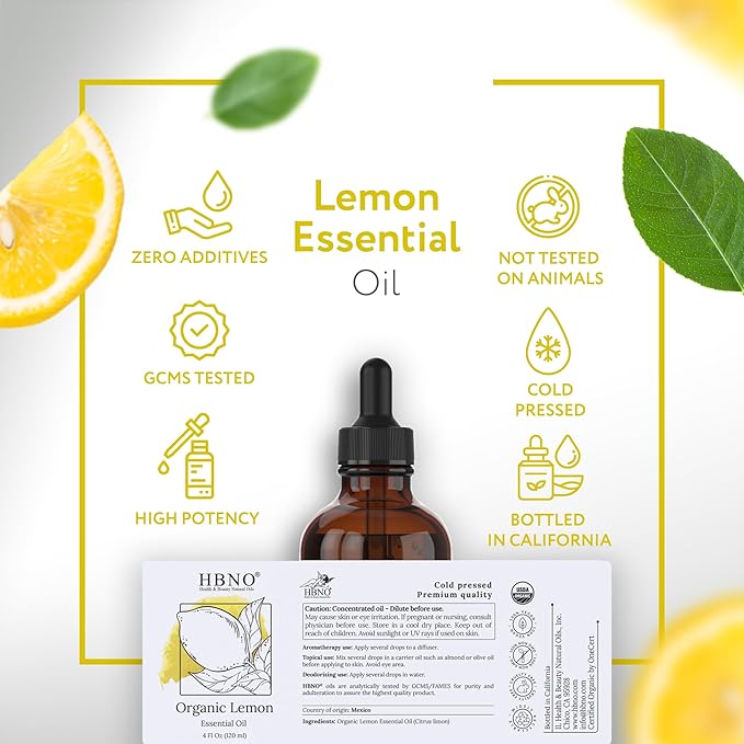 HBNO California Bottled Lemon Essential Oil 4 fl oz (120ml) - Natural & Premium Grade - Lemon Essential Oil for Cleaning