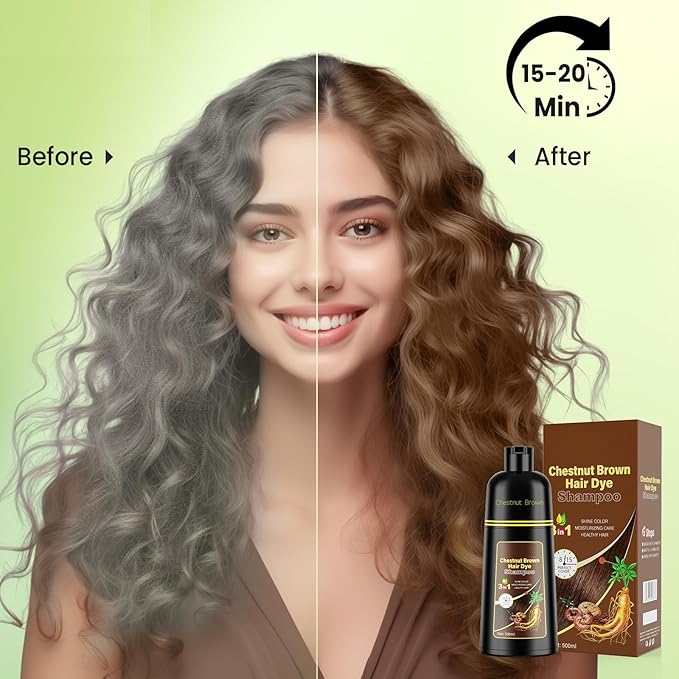JUANCHI Chestnut Brown Hair Dye Shampoo 3 in1, Chestnut Brown Shampoo Hair Dye for Gray Coverage, Natural Hair Color for Women Men, Herbal Formula, Ammonia-free, Lasts 30 Days, 500ml (16.90 oz)