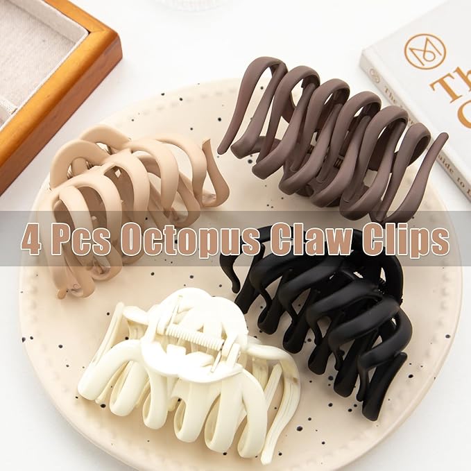 4 Pcs Octopus Claw Clips Octopus Hair Claw Clips for Women 3.8" Large Hair Claw Clip for Women Strong Grip Non-slip Jaw Clip for Thick,natural color