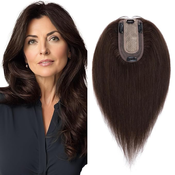 SEGO Real Human Hair Topper for Women, No Bangs Hair Topper with Anti-Slip Clips (16 Inches Dark Brown)