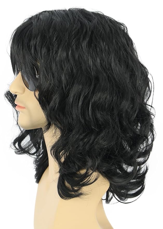 karlery California 70s 80s Rocker Wig Men Women Long Curly Black Halloween Costume Wig