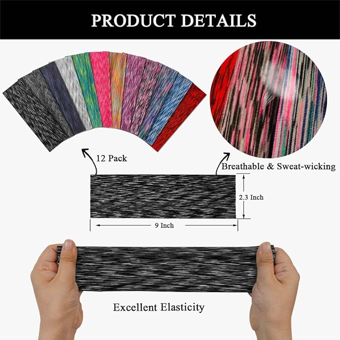 Headbands For Women 12 Pack Headband Yoga Elastic Head Bands Women's Hair Band Workout Soft Sweat Hairbands Accessories