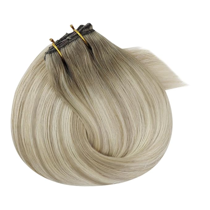 Ve Sunny Real Hair Extensions Clip in Human Hair Ash Grey Balayage Platinum Blonde Hair Extensions Clip ins Ombre Remy Straight Human Hair for Women 7pcs 120g 14 inch