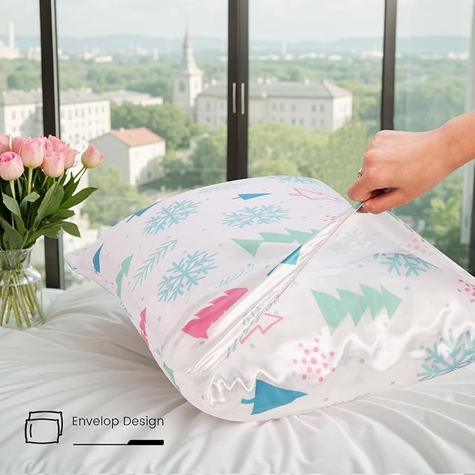 Christmas Tree Satin Pillowcase for Hair & Skin Care, Queen Size Set of 2 - Luxurious Satin Pillow Cover with Envelope Closure(20x30 Inches)
