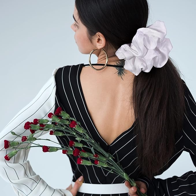 XL Big Silk Scrunchies Hair Ties for Women - CEELGON Oversized Black Satin Silk Scrunchie Exra Large Jumbo Gaint Soft Pink Chiffon Cute Scrunchy for Curl Thick Hair 4 Pack (Black White)