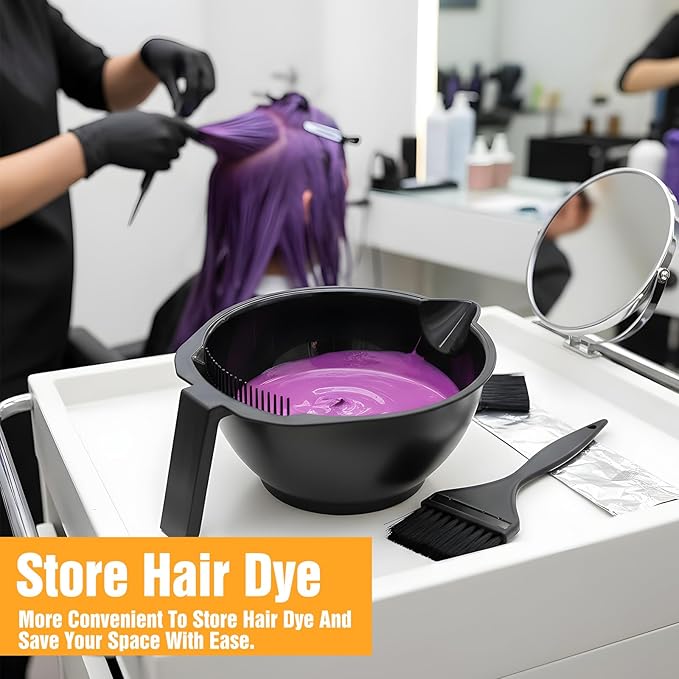 Hair Dye Bowl Set - 6 Black Hair Color Mixing Bowls with Measurements, Pour Spout, Handle & Combed Edge - Reusable Salon Hair Coloring Bowls for Professional or Home Use ﻿
