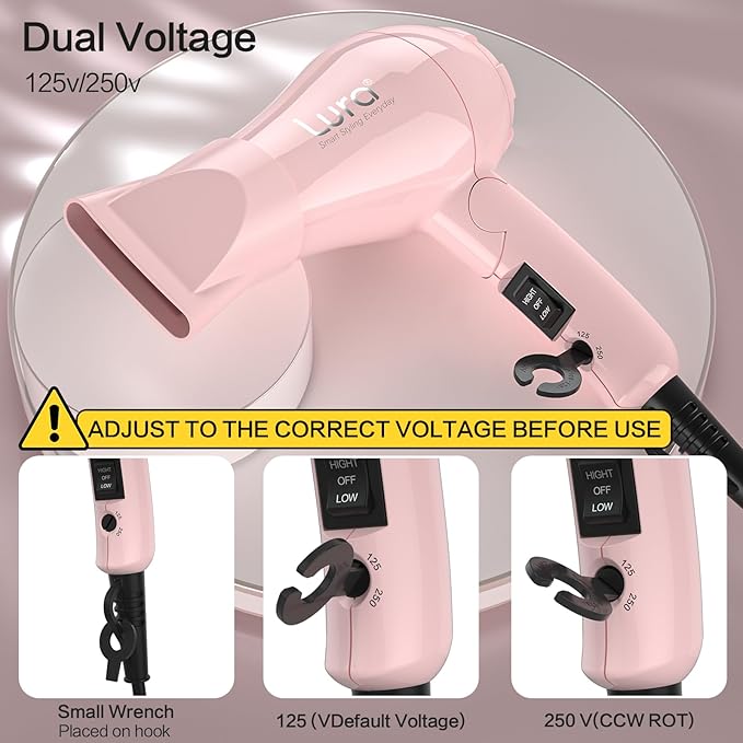 Foldable Travel Hair Dreyr Mini:Dual Voltage Lightweight Blow Dryer with Pouch,1200w Compact Pink Small Hair Dryer for Acrylic Paint Pouring(Light Pink)