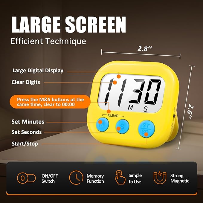 2 Pack Digital Kitchen Timer for Cooking Big Digits Loud Alarm Magnetic Backing Stand Cooking Timers for Baking Yellow