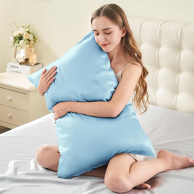 INFIIXSO Mulberry Silk Pillow Cases King Size Set of 2, Silk Pillowcase with Hidden Zipper 20"x36", Extraordinary Smooth and Soft Pillow Case for Hair and Skin(Light Blue, 2 Pack)