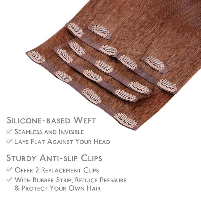 WENNALIFE Seamless Clip In Hair Extensions Human Hair, 24 Inch 160g 7pcs Dark Auburn Copper Real Hair Extensions Clip in Human Hair Invisible PU Skin Weft Natural Remy Human Hair Extensions