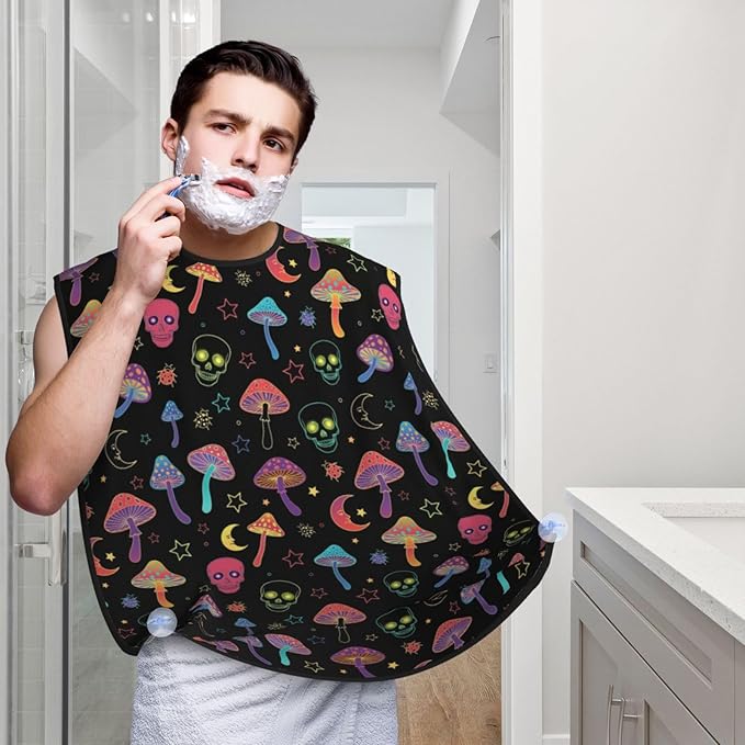 Adjustable Beard Bib, Non-Stick Hair Catcher Cape for Men's Shaving, Waterproof with 2 Suction Cups, Goth Moon Mushrooms and Human Skulls Shave Bib