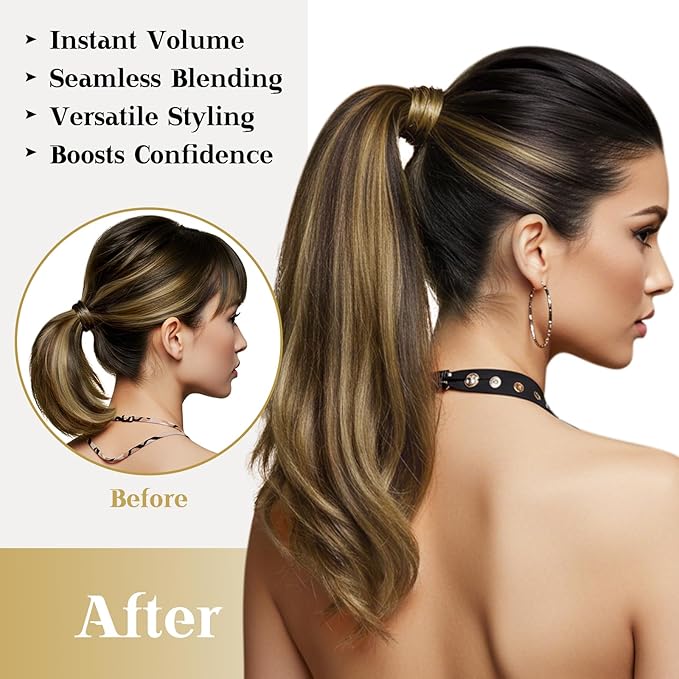 Ve Sunny Hair Extensions Ponytail Real Human Hair Wrap Around Clip in Ponytail Hair Extensions Straight Extensions Human Hair for Women Black Ombre Dark Brown Balayage Caramel Blonde 18inch 80G