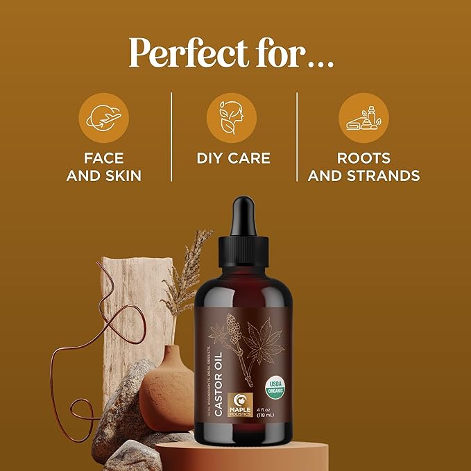 Organic Castor Oil Glass Bottle - 100% Pure Castor Oil Organic Cold Pressed Unrefined Glass Bottle - Extra Virgin Non GMO Hexane Free Cruelty Free Dermatologist Tested and USDA Certified (4 Fl Oz)