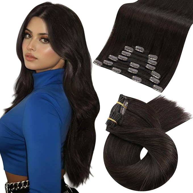 Moresoo Brown Clip in Hair Extensions Dark Brown Hair Extensions Clip ins Real Human Hair Long Full Head 22 inch 120g/7pcs