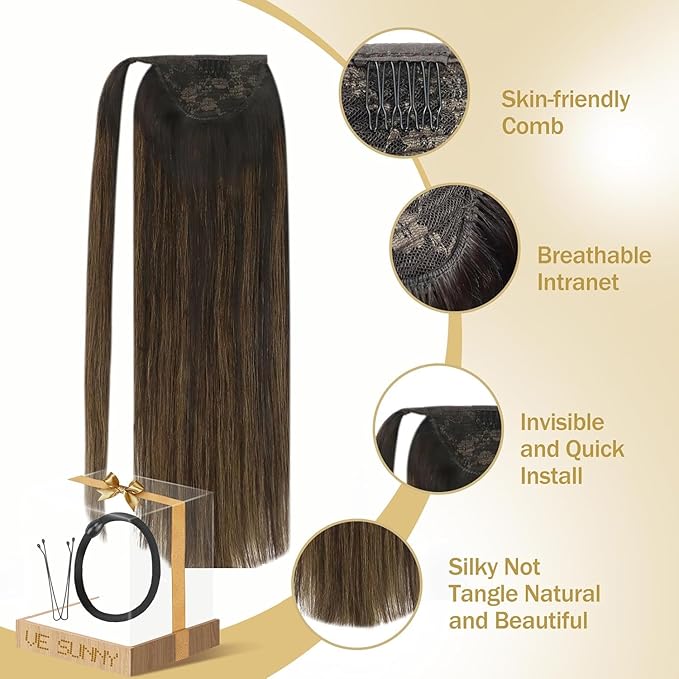 Ve Sunny Hair Extensions Ponytail Real Human Hair Wrap Around Clip in Ponytail Hair Extensions Straight Extensions Human Hair for Women Dark Brown Balayage Chestnut Brown 18inch 80G