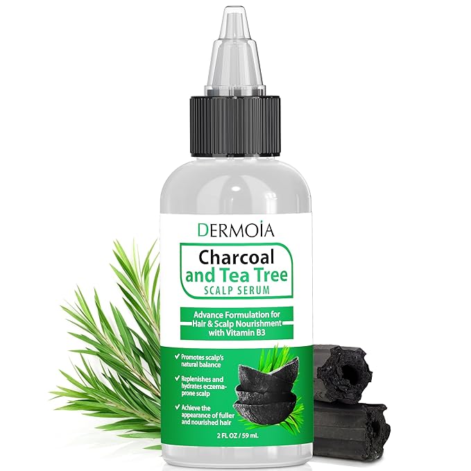Scalp Serum with Charcoal + Tea Tree - Non GMO Scalp Moisturizer for Dry Itchy Scalp Relief - Fragrance Free Serum with Tea Tree Oil for Scalp Treatment - Rejuvenating Hair Serum with Vitamin