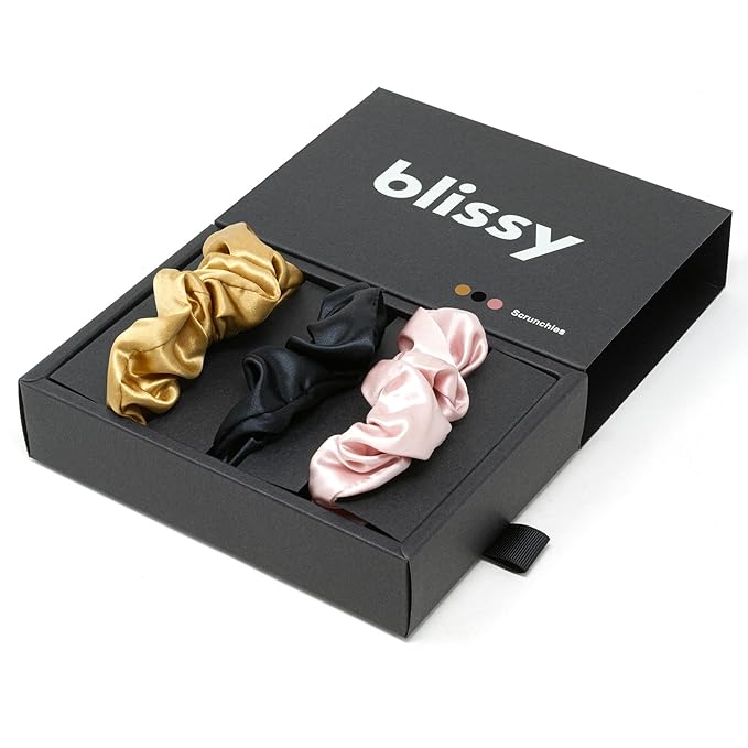 Blissy Silk Scrunchies (3 Pack) - 100% Pure Mulberry Silk - 22 Momme 6A High-Grade Fibers Scrunchie for Straight & Curly Hair (Black/Gold/Pink, Regular)