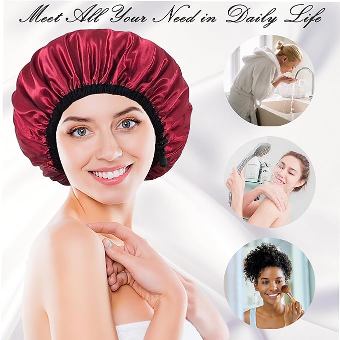 Shower Cap for Women, Large Shower Caps Reusable Waterproof with Elastic Band, Silky Satin Double-layer Bath Cap for Braids Long Hair