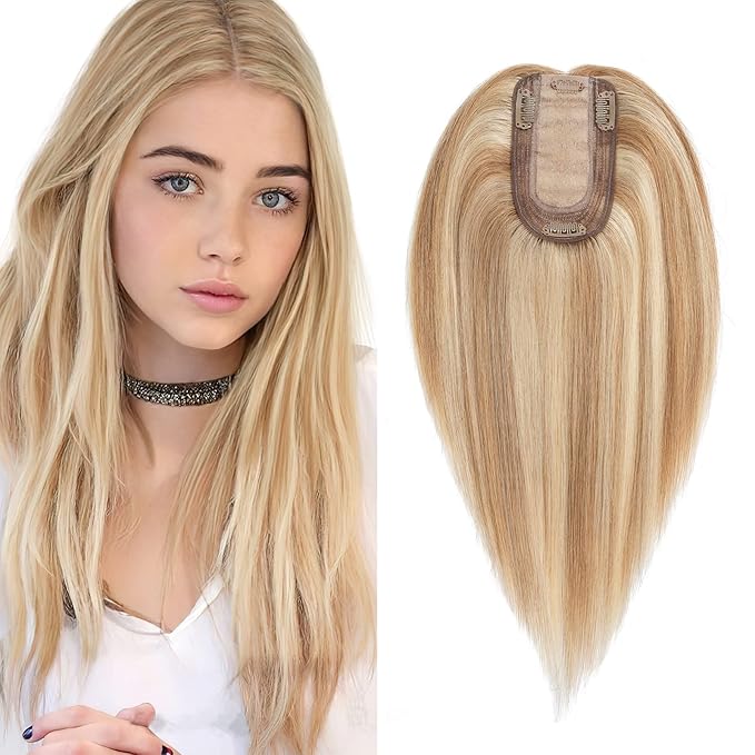 SEGO Real Human Hair Topper for Women No Bangs, Hair Topper with Anti-Slip Clips (16 Inches Golden Brown Mix Bleach Blonde)
