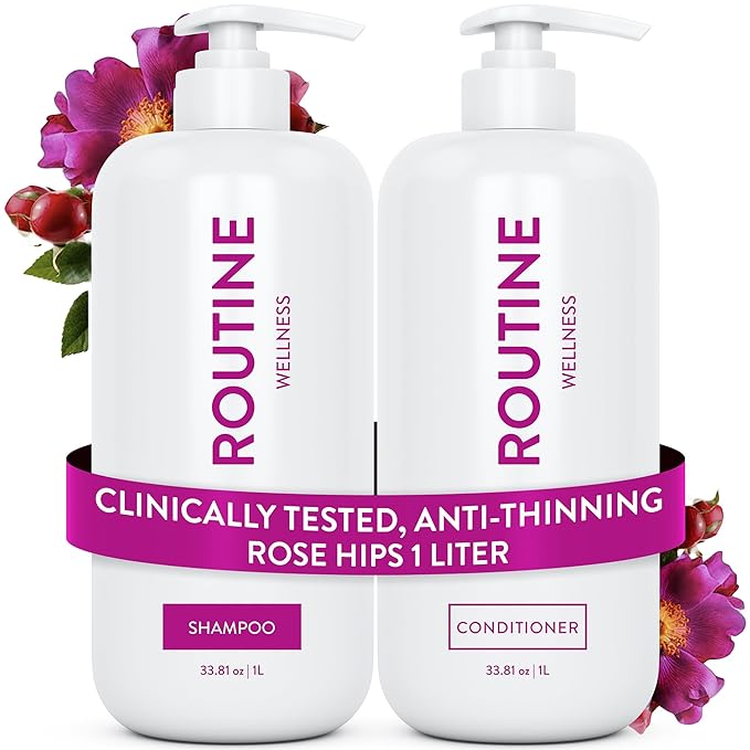 Routine Wellness 1 Liter Anti-Thinning Volumizing Shampoo and Conditioner Set for Thinning Hair & Hair Loss - Grow Your Confidence with Biotin & DHT Blockers - 1 Liter Rose Hips Set