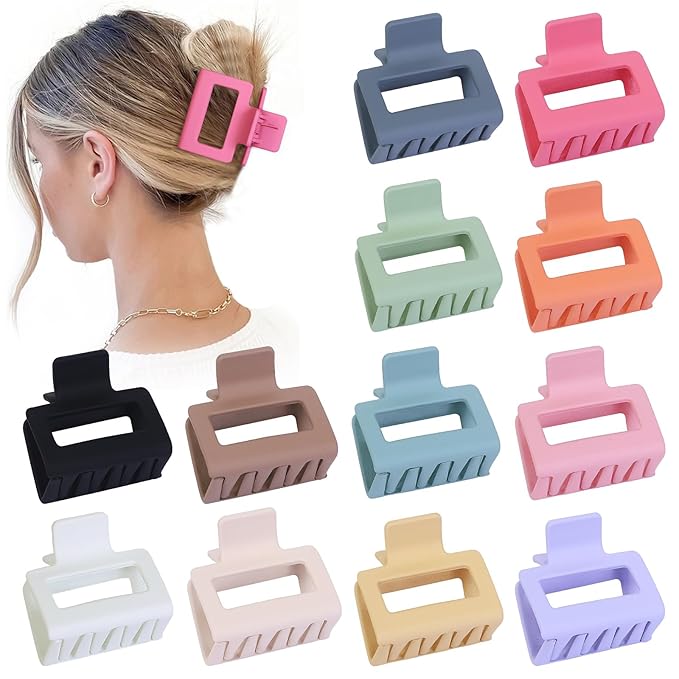 2 Inch Medium Hair Claw Clips 12 Pcs Square Hair Clips for Thin Hair Matte Nonslip Acrylic Banana Jaw Clips Bulk Hair Accessories for women and Girls - Colorful