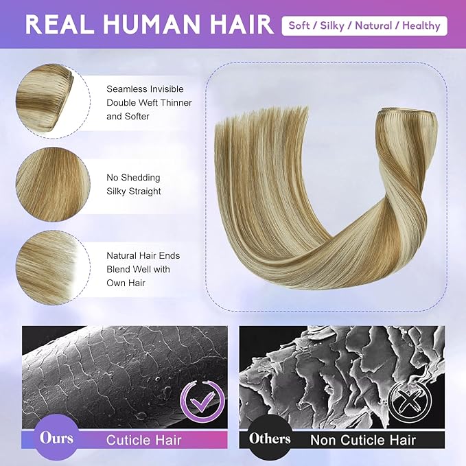 Blonde Clip in Hair Extensions Real Human Hair, 16 Inch 90g Natural Human Hair, Remy Human Hair Extensions Cip ins for Women 8pcs Per Set #16/22 Light Blonde Highlighted Golden Blonde
