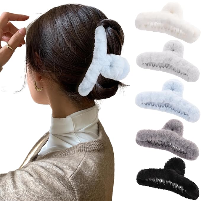 5PCS Large Claw Hair Clips for Thick Hair Big Fuzzy Hair Clips for Women Nonslip Strong Hold Hair Claw Clip (Blue)