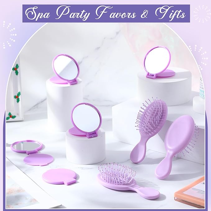 Meanplan 24 Pcs Mini Hair Brush Set 12 Travel Wet Dry Hair Combs Pocket Detangling 12 Compact Folding Makeup Mirrors for Spa Sleepover Birthday Bridal Shower Bachelorette Christmas Party Gift(Purple)