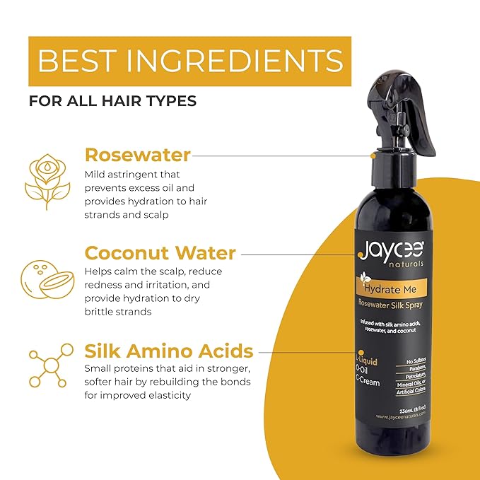 Hydrate Me Rosewater Silk Spray with Silk Amino Acids and Coconut Water To Refresh and Revive All Hair Textures and Styles, Light Floral Spray for use with LOC/LCO Methods, 8 ounces