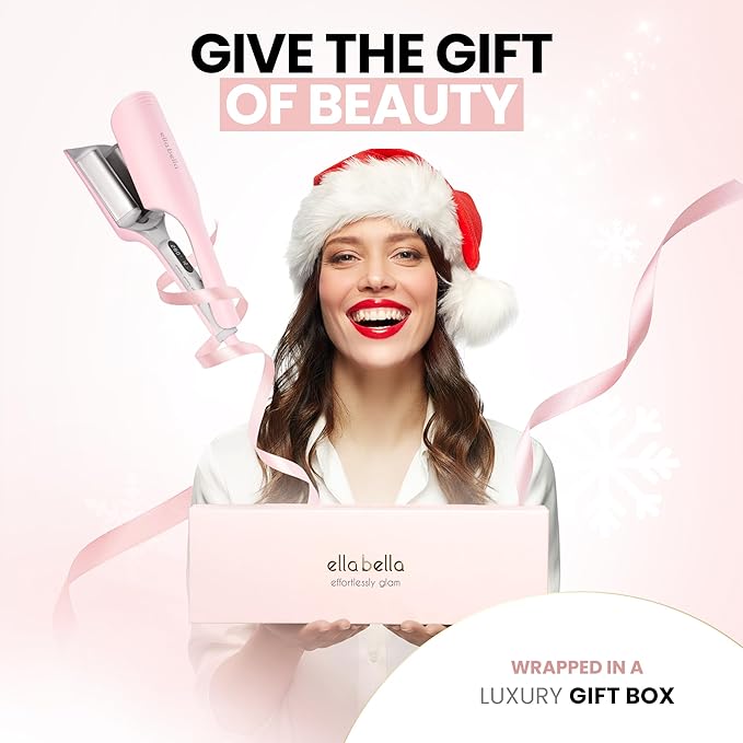 ELLA BELLA® Ultimate Waver Curling Iron • Crimper Hair Tool • Adjustable Heat Settings Dual Voltage • Anti-Scald Tech • Ionic Ceramic Coating for Long-Lasting, Frizz-Free Beach Waves (Pink & Grey)